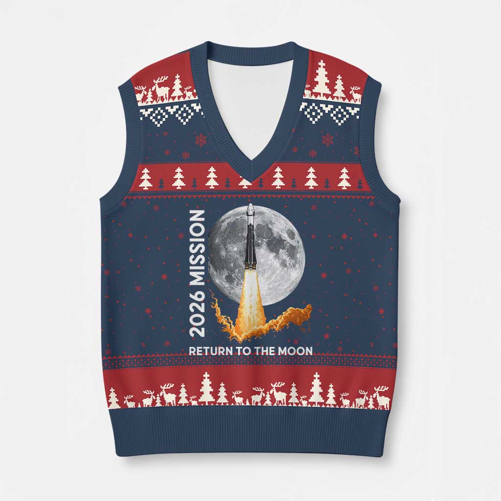 2026 Return to the Moon Mission V-Neck Knit Sweater Vest Realistic Rocket Launch Lunar Graphic Space Exploration