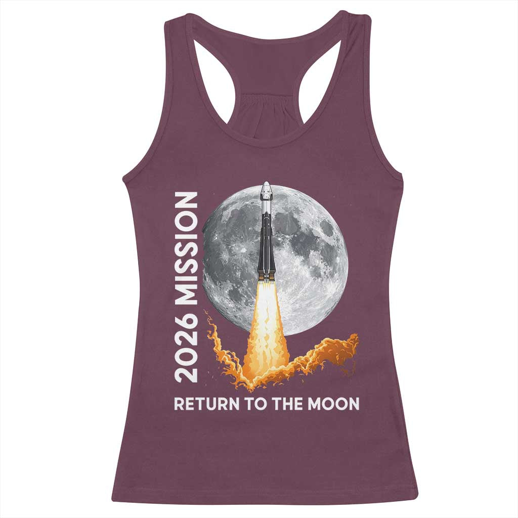 2026 Return to the Moon Mission Racerback Tank Top Realistic Rocket Launch Lunar Graphic Space Exploration