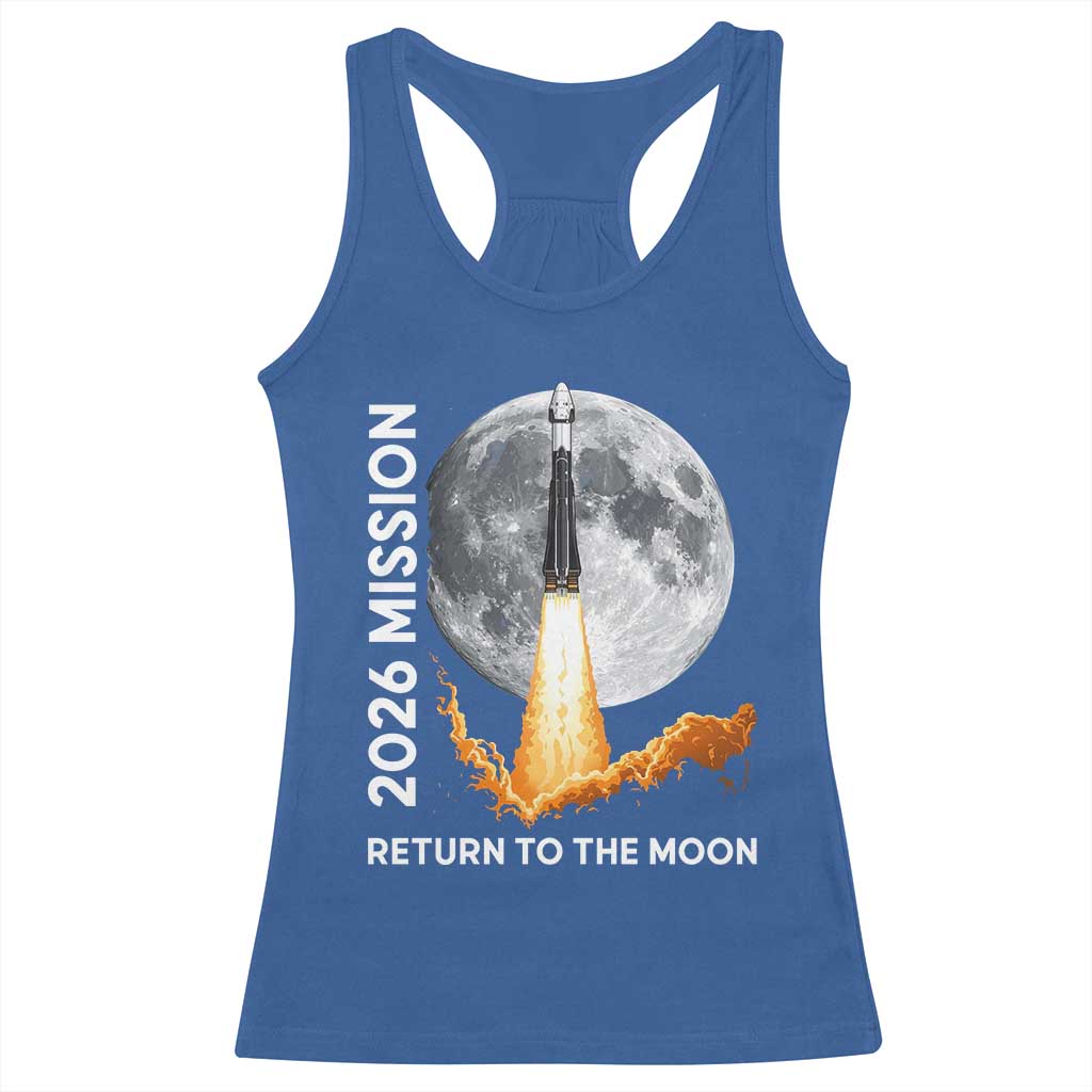 2026 Return to the Moon Mission Racerback Tank Top Realistic Rocket Launch Lunar Graphic Space Exploration