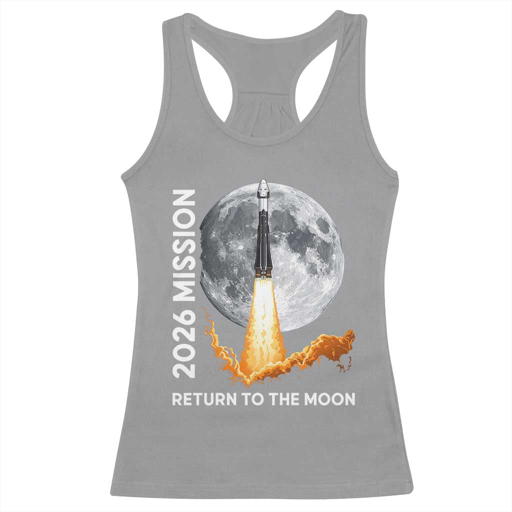 2026 Return to the Moon Mission Racerback Tank Top Realistic Rocket Launch Lunar Graphic Space Exploration
