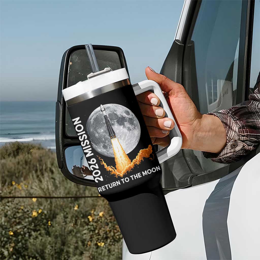 2026 Return to the Moon Mission Tumbler With Handle Realistic Rocket Launch Lunar Graphic Space Exploration