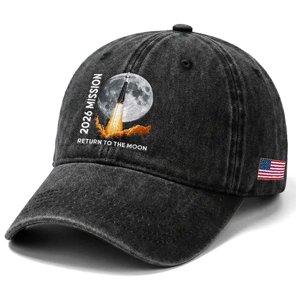 2026 Return to the Moon Mission Washed Cotton Baseball Cap Realistic Rocket Launch Lunar Graphic Space Exploration
