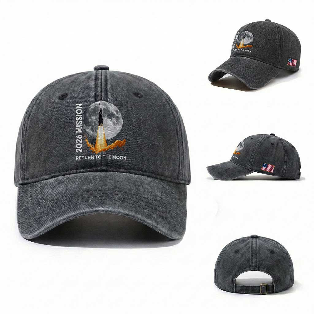 2026 Return to the Moon Mission Washed Cotton Baseball Cap Realistic Rocket Launch Lunar Graphic Space Exploration