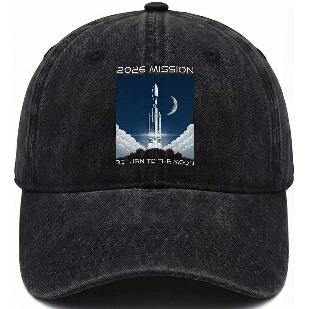 Future Lunar Mission 2026 Washed Cotton Baseball Cap Rocket Launch Lunar Orbit Space Exploration