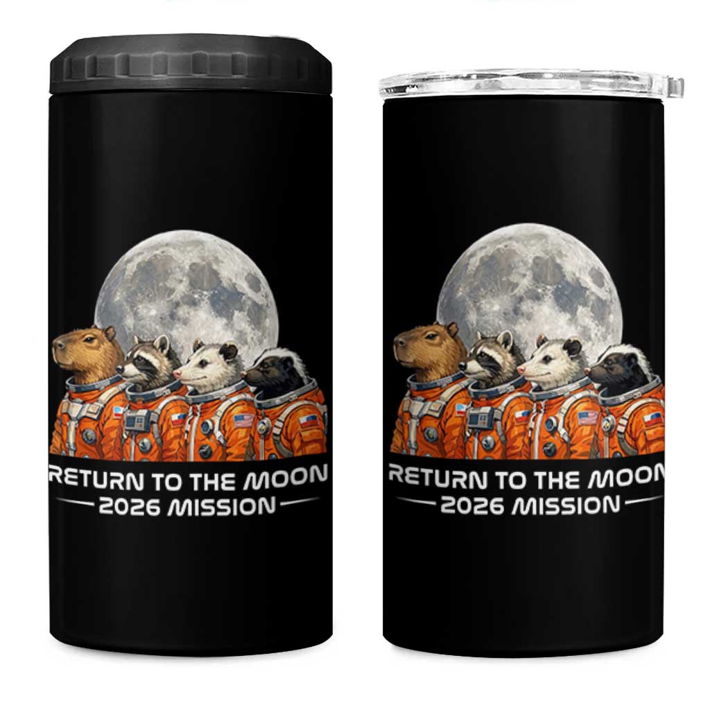 2026 Mission Lunar Orbit Animal Crew 4 in 1 Can Cooler Tumbler Funny Capybara Raccoon Opossum Skunk Astronauts