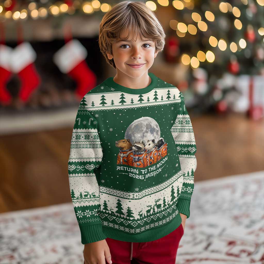2026 Mission Lunar Orbit Animal Crew Ugly Christmas Sweater Funny Capybara Raccoon Opossum Skunk Astronauts