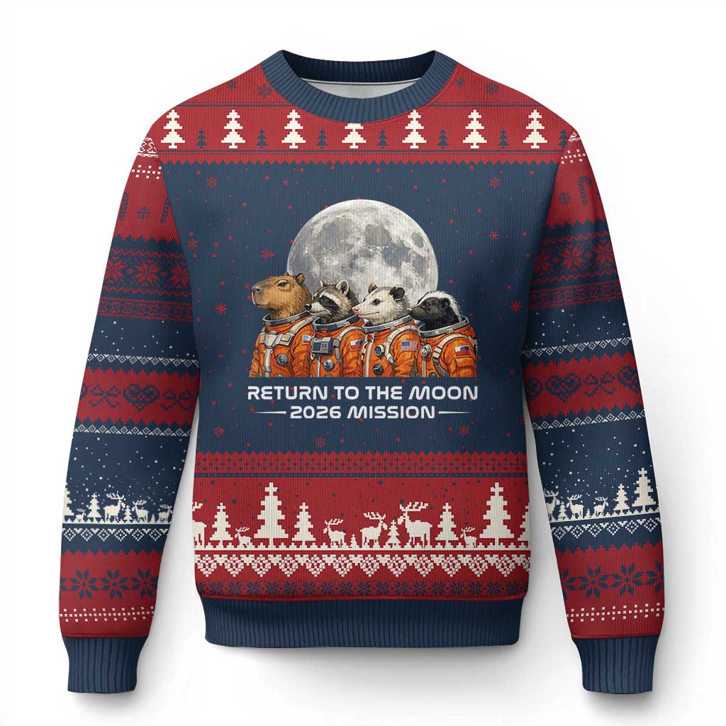 2026 Mission Lunar Orbit Animal Crew Ugly Christmas Sweater Funny Capybara Raccoon Opossum Skunk Astronauts