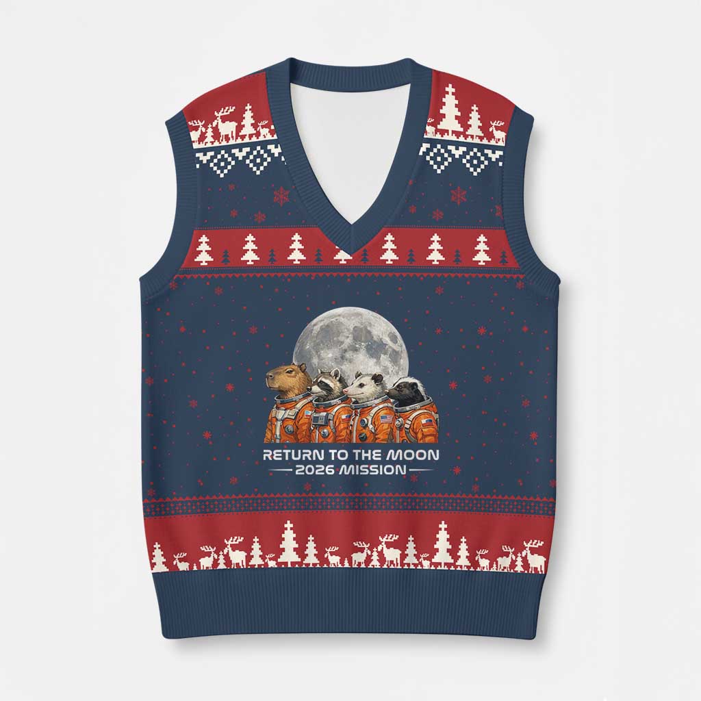 2026 Mission Lunar Orbit Animal Crew V-Neck Knit Sweater Vest Funny Capybara Raccoon Opossum Skunk Astronauts