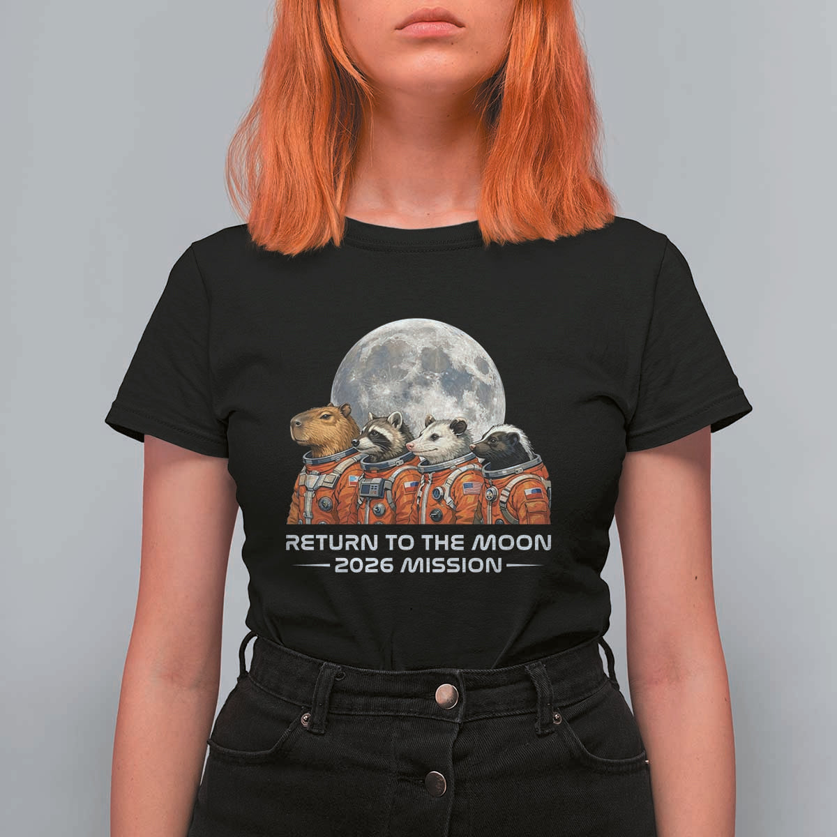 2026 Mission Lunar Orbit Animal Crew T Shirt For Women Funny Capybara Raccoon Opossum Skunk Astronauts