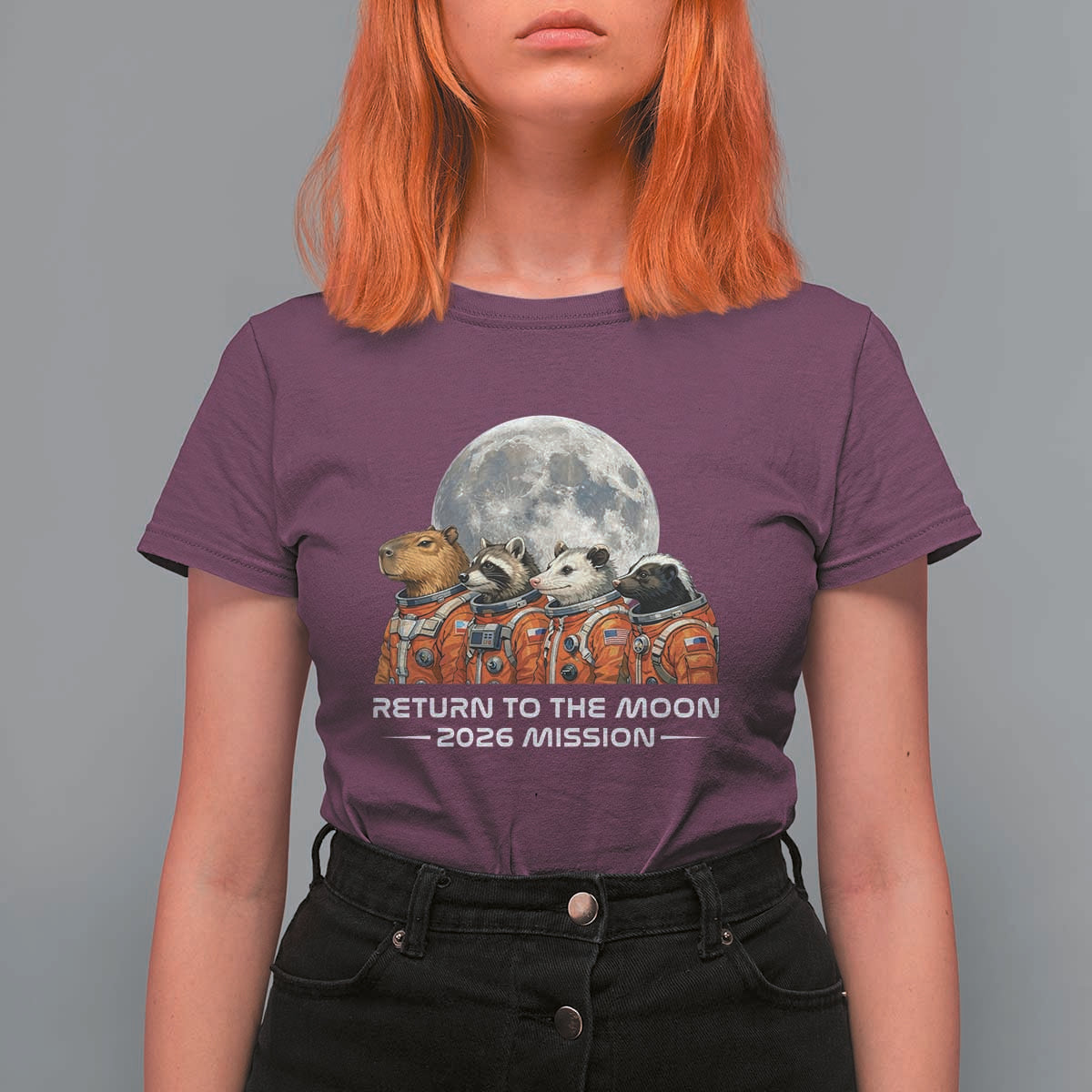 2026 Mission Lunar Orbit Animal Crew T Shirt For Women Funny Capybara Raccoon Opossum Skunk Astronauts