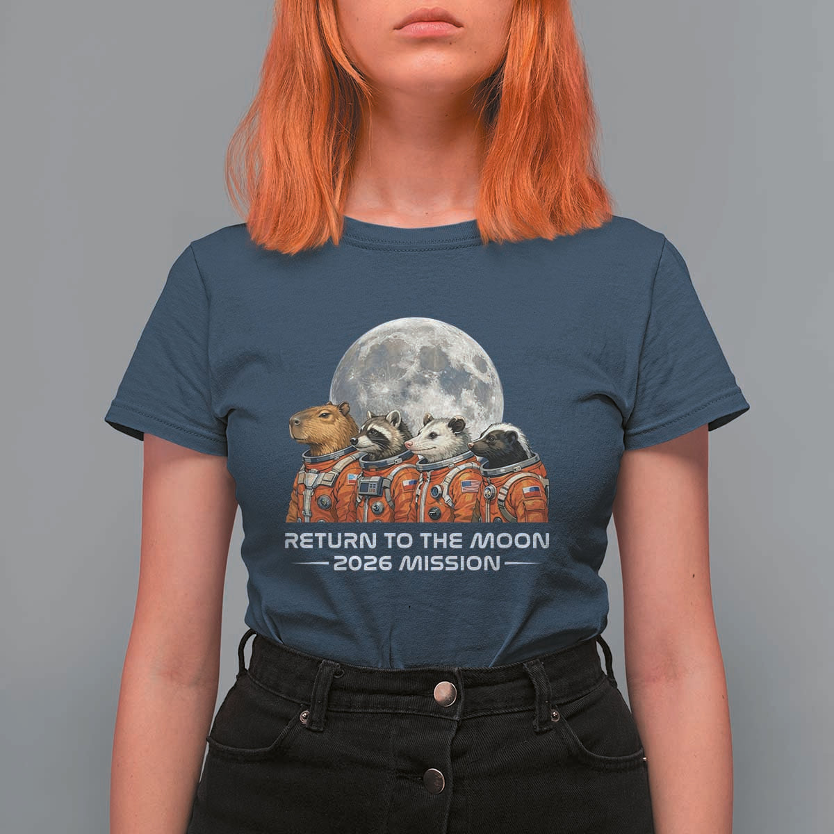 2026 Mission Lunar Orbit Animal Crew T Shirt For Women Funny Capybara Raccoon Opossum Skunk Astronauts