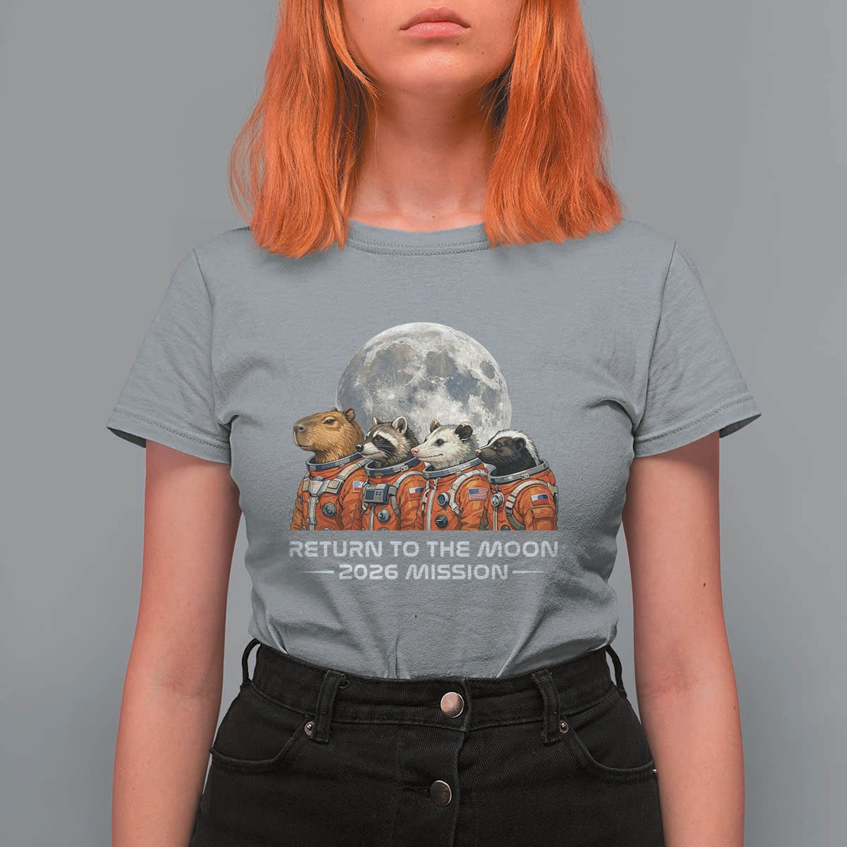 2026 Mission Lunar Orbit Animal Crew T Shirt For Women Funny Capybara Raccoon Opossum Skunk Astronauts