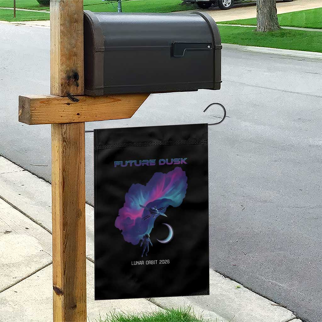 Future Dusk Lunar Orbit 2026 Garden Flag Cosmic Nebula Astronaut n Satellite Space Exploration