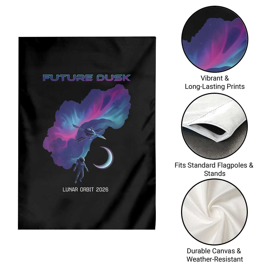 Future Dusk Lunar Orbit 2026 Garden Flag Cosmic Nebula Astronaut n Satellite Space Exploration