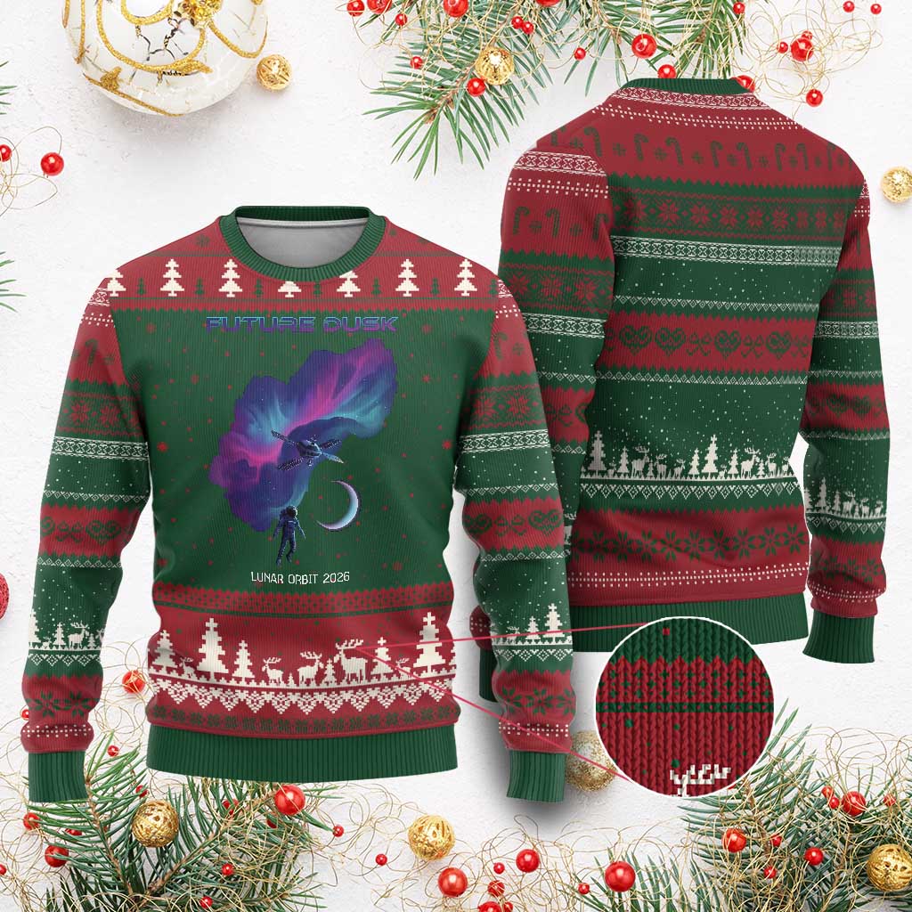 Future Dusk Lunar Orbit 2026 Ugly Christmas Sweater Cosmic Nebula Astronaut n Satellite Space Exploration