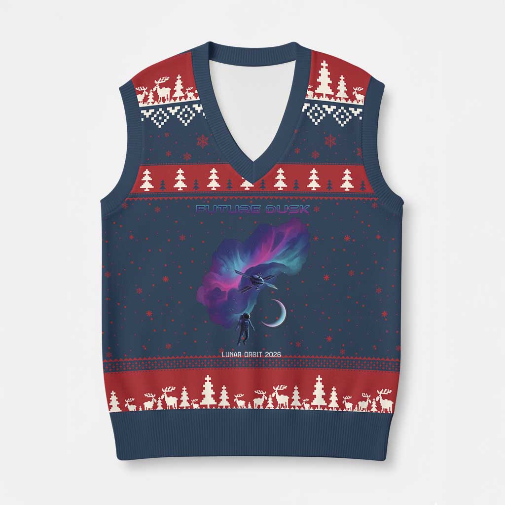 Future Dusk Lunar Orbit 2026 V-Neck Knit Sweater Vest Cosmic Nebula Astronaut n Satellite Space Exploration