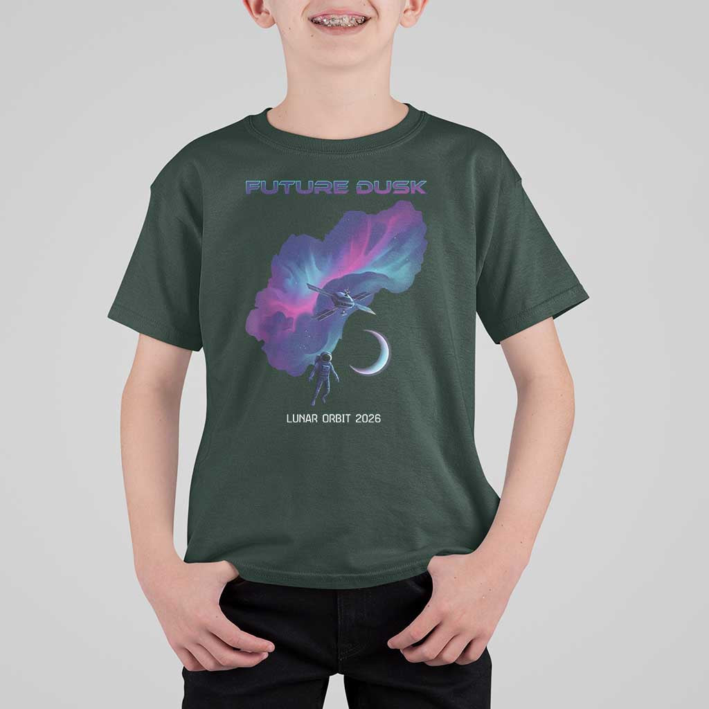Future Dusk Lunar Orbit 2026 T Shirt For Kid Cosmic Nebula Astronaut n Satellite Space Exploration