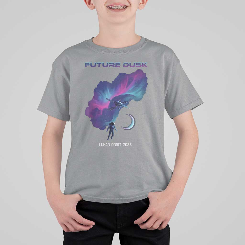 Future Dusk Lunar Orbit 2026 T Shirt For Kid Cosmic Nebula Astronaut n Satellite Space Exploration