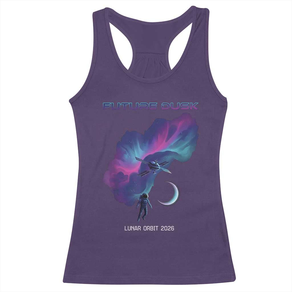 Future Dusk Lunar Orbit 2026 Racerback Tank Top Cosmic Nebula Astronaut n Satellite Space Exploration