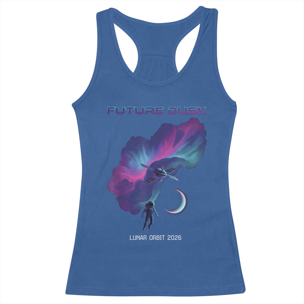 Future Dusk Lunar Orbit 2026 Racerback Tank Top Cosmic Nebula Astronaut n Satellite Space Exploration