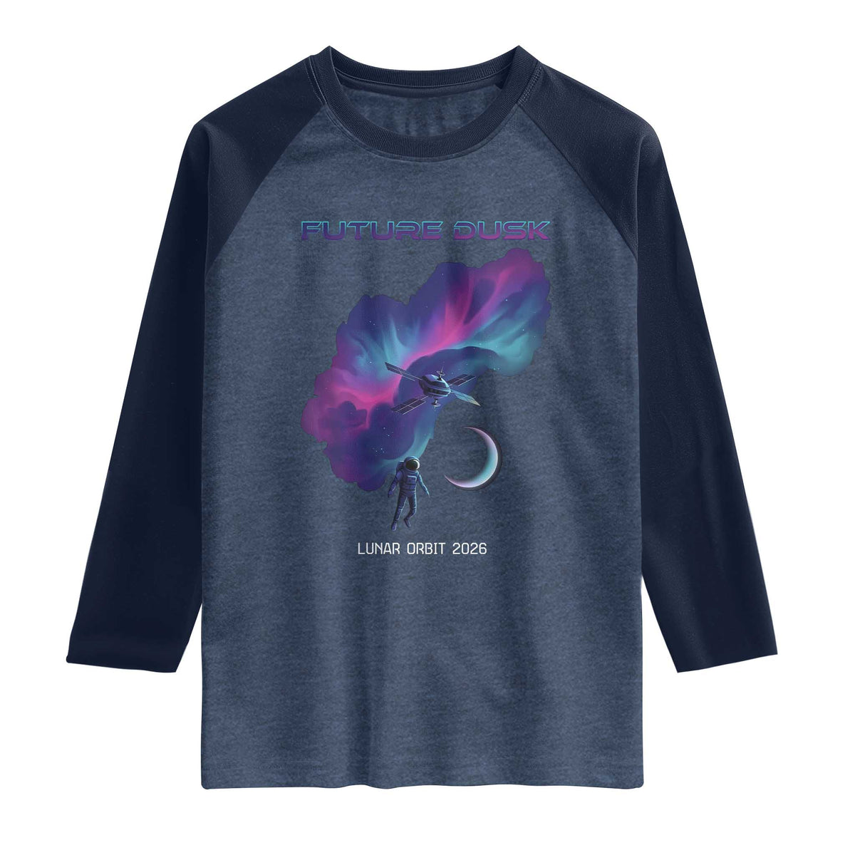 Future Dusk Lunar Orbit 2026 Raglan Shirt Cosmic Nebula Astronaut n Satellite Space Exploration