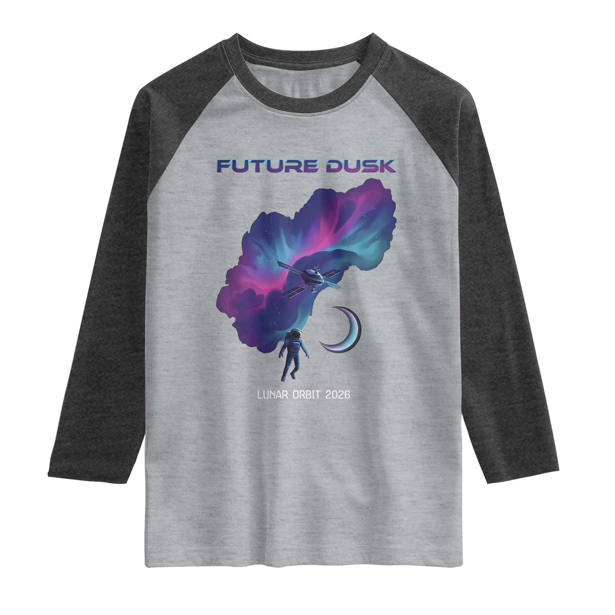 Future Dusk Lunar Orbit 2026 Raglan Shirt Cosmic Nebula Astronaut n Satellite Space Exploration