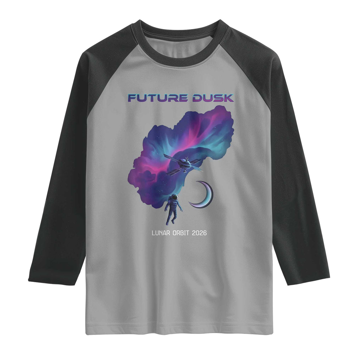 Future Dusk Lunar Orbit 2026 Raglan Shirt Cosmic Nebula Astronaut n Satellite Space Exploration