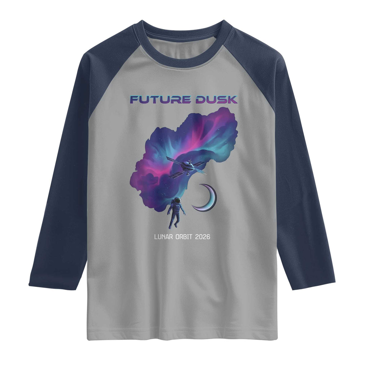 Future Dusk Lunar Orbit 2026 Raglan Shirt Cosmic Nebula Astronaut n Satellite Space Exploration