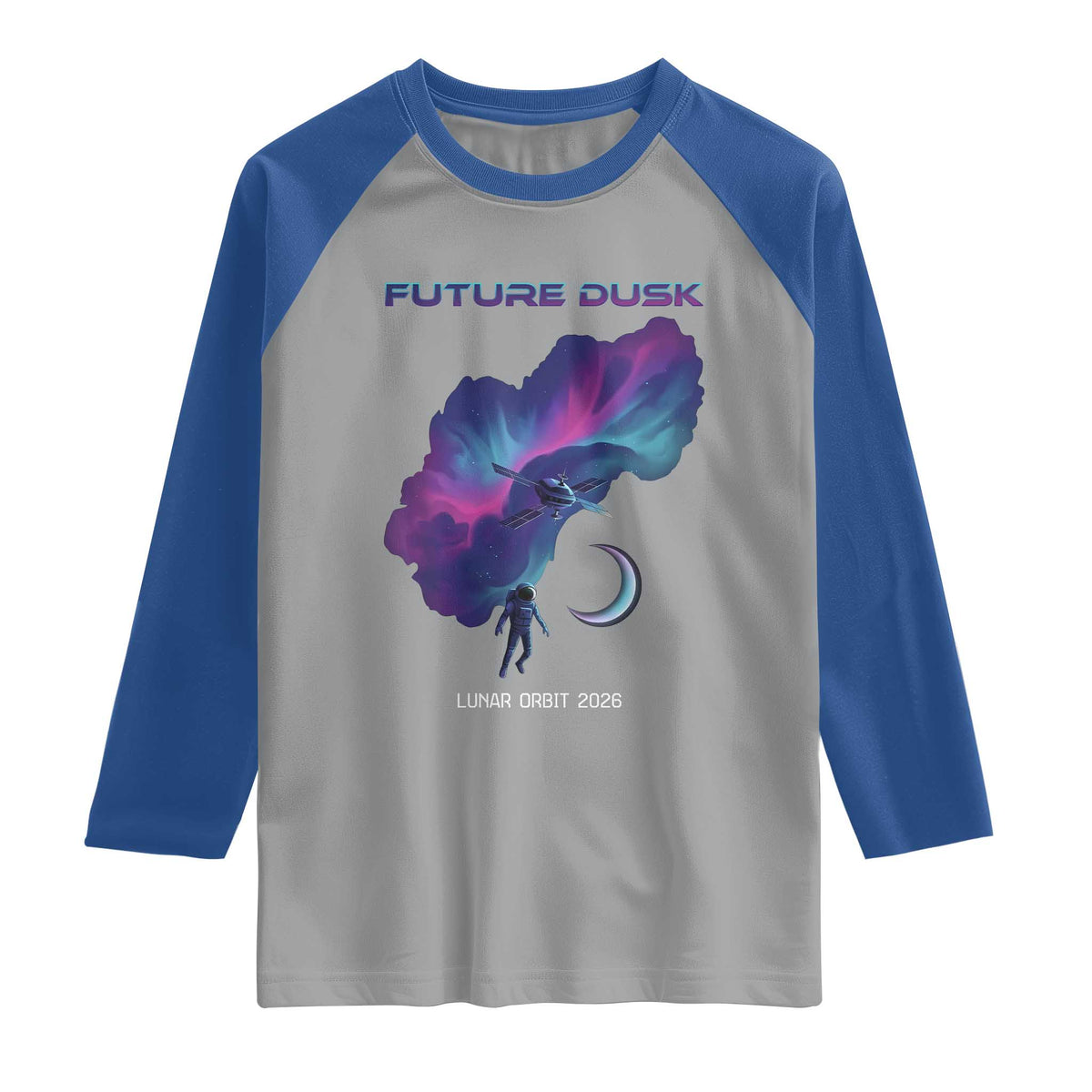 Future Dusk Lunar Orbit 2026 Raglan Shirt Cosmic Nebula Astronaut n Satellite Space Exploration