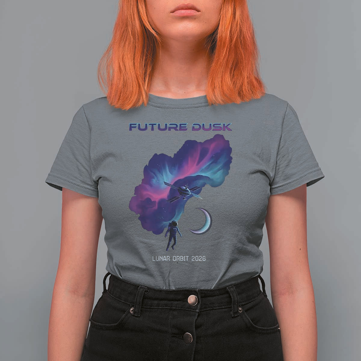 Future Dusk Lunar Orbit 2026 T Shirt For Women Cosmic Nebula Astronaut n Satellite Space Exploration