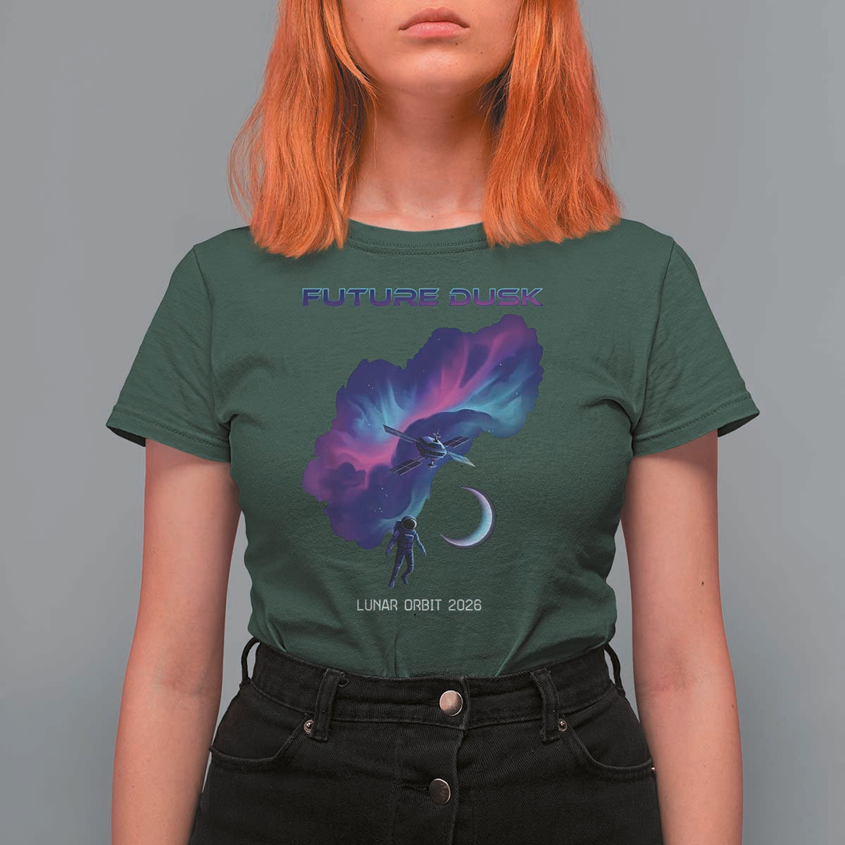Future Dusk Lunar Orbit 2026 T Shirt For Women Cosmic Nebula Astronaut n Satellite Space Exploration