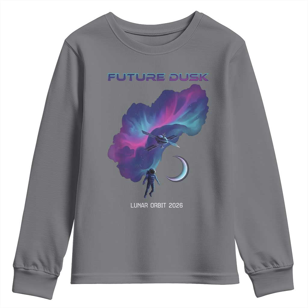 Future Dusk Lunar Orbit 2026 Youth Sweatshirt Cosmic Nebula Astronaut n Satellite Space Exploration