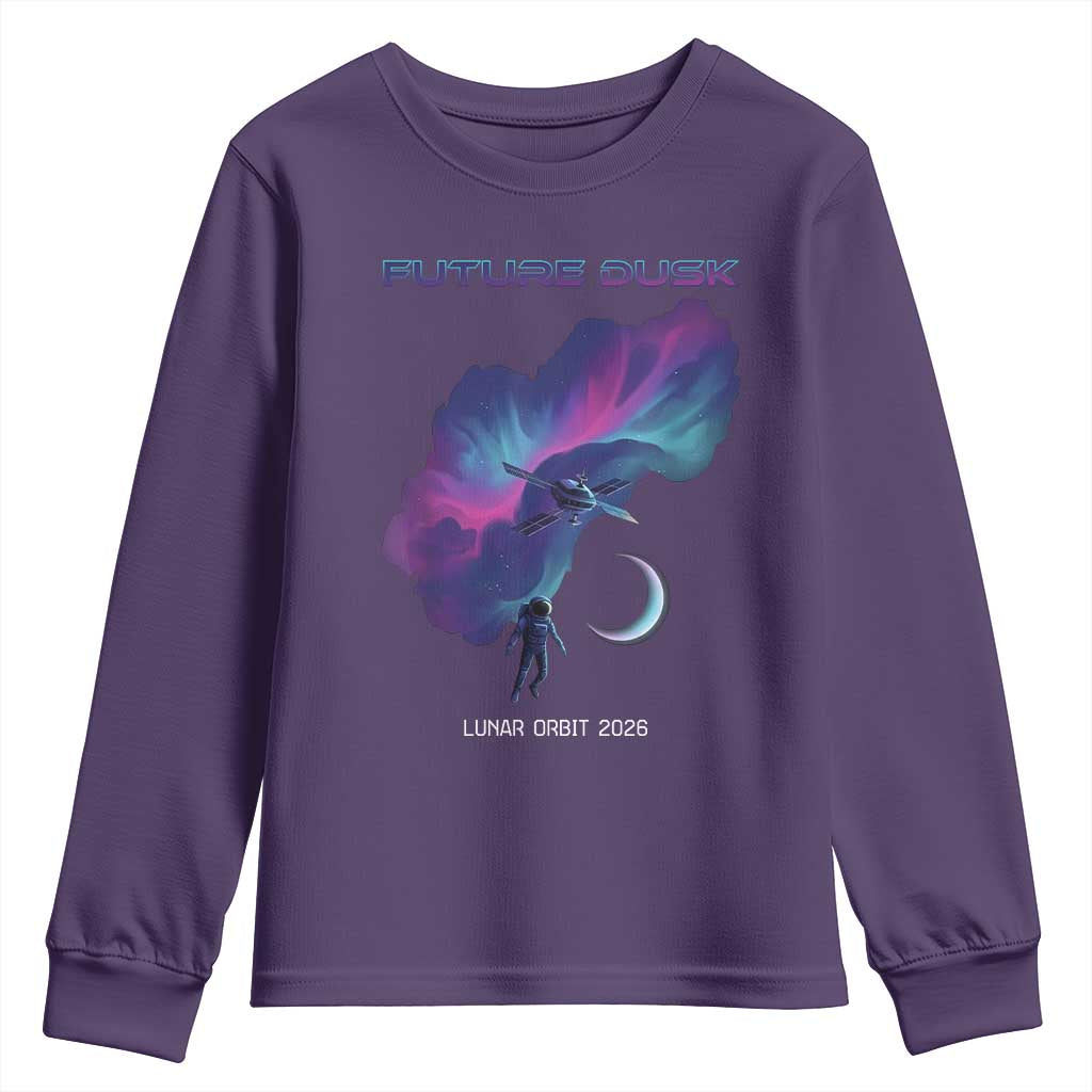 Future Dusk Lunar Orbit 2026 Youth Sweatshirt Cosmic Nebula Astronaut n Satellite Space Exploration