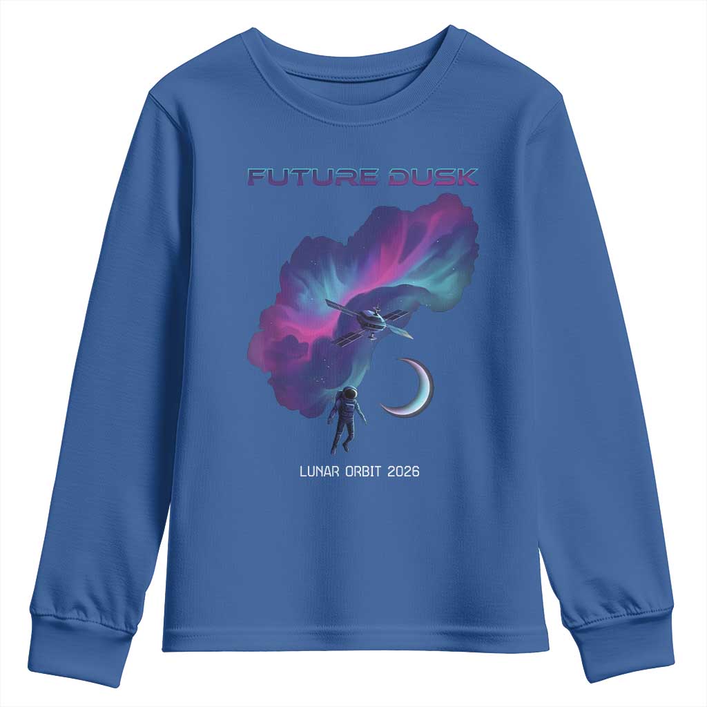 Future Dusk Lunar Orbit 2026 Youth Sweatshirt Cosmic Nebula Astronaut n Satellite Space Exploration
