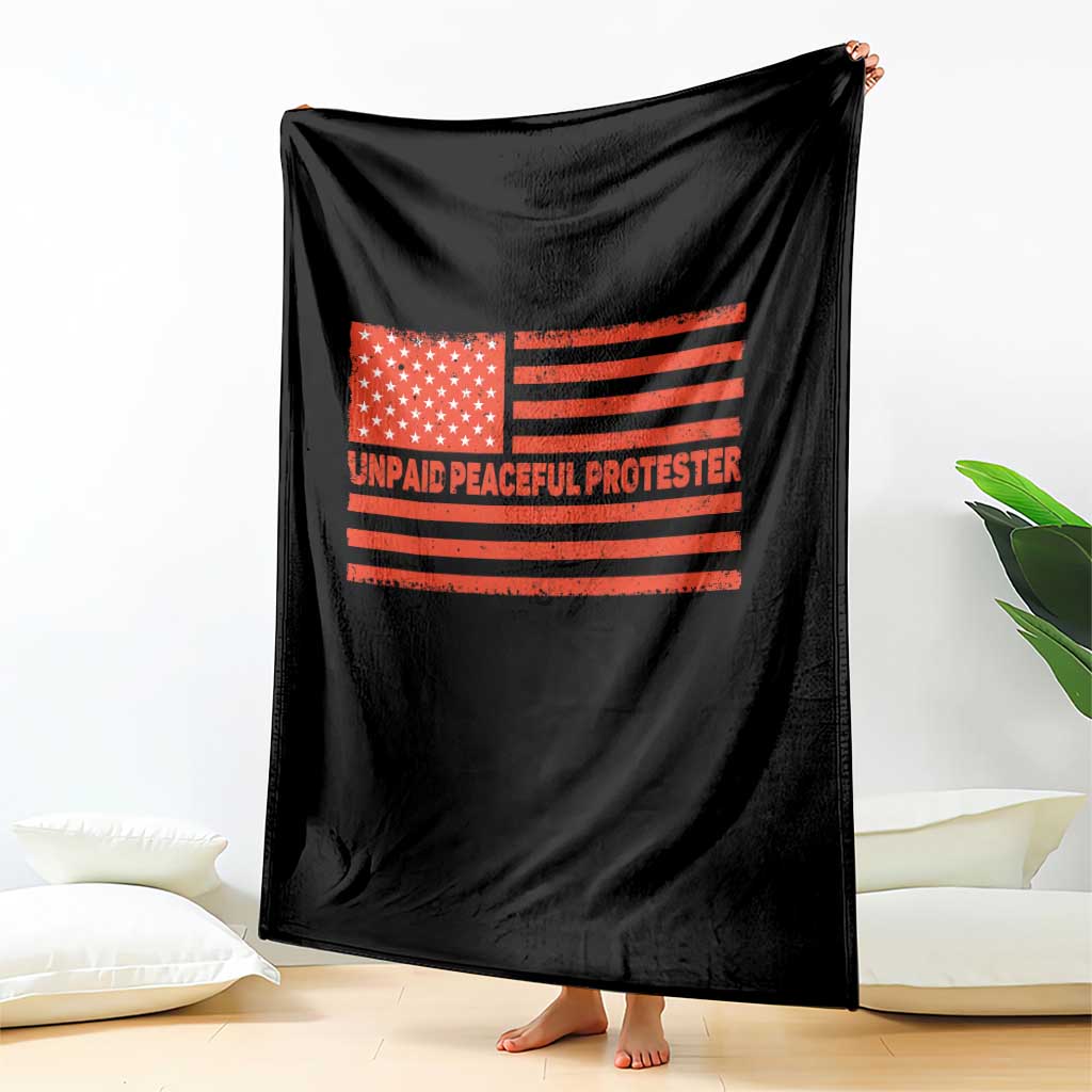 Unpaid Peaceful Protester Orange Distressed American Flag Throw Blanket Satirical Political Graphic