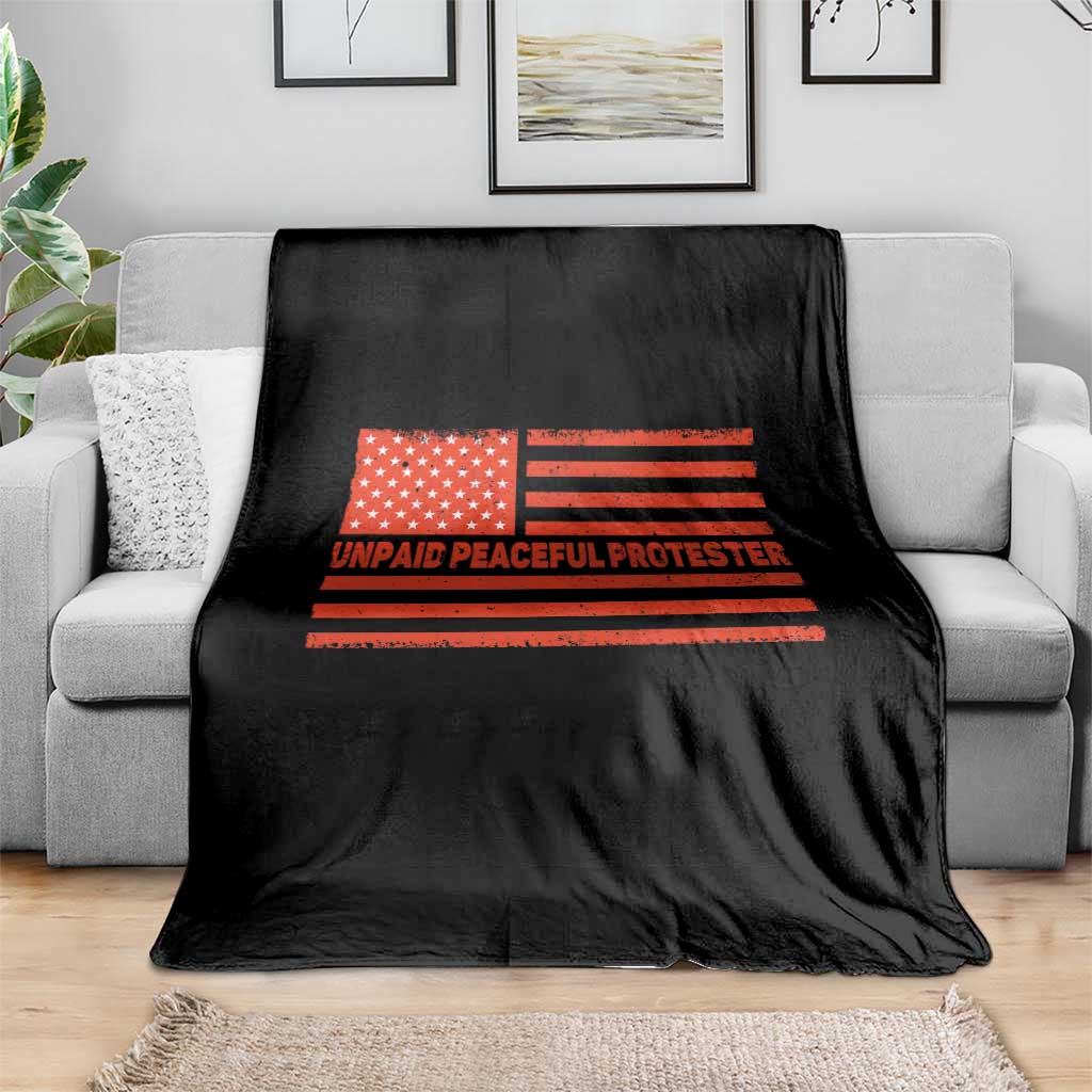 Unpaid Peaceful Protester Orange Distressed American Flag Throw Blanket Satirical Political Graphic