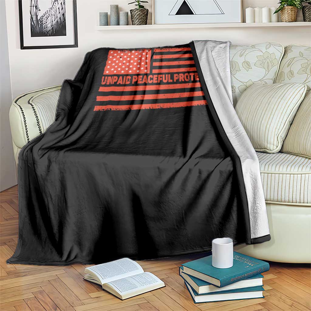 Unpaid Peaceful Protester Orange Distressed American Flag Throw Blanket Satirical Political Graphic