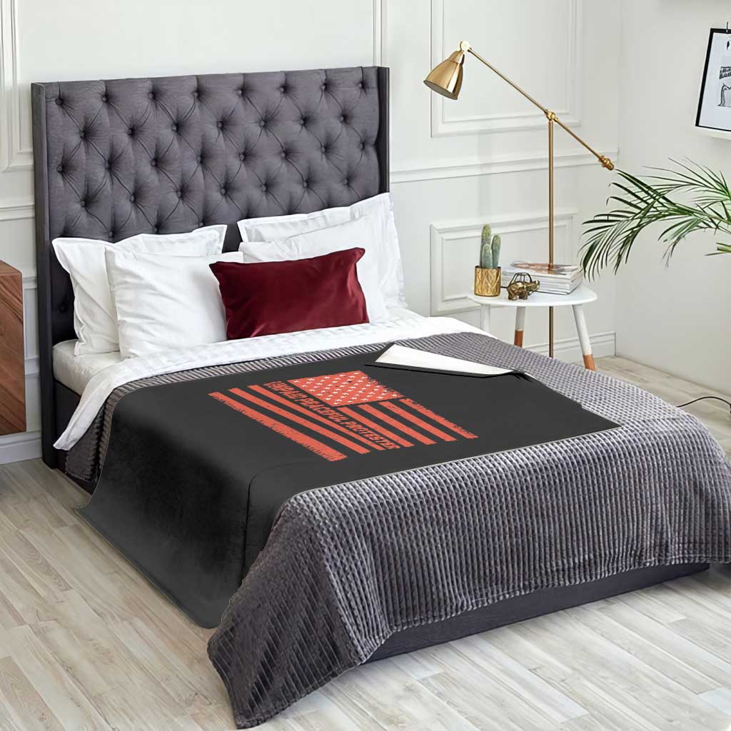 Unpaid Peaceful Protester Orange Distressed American Flag Throw Blanket Satirical Political Graphic