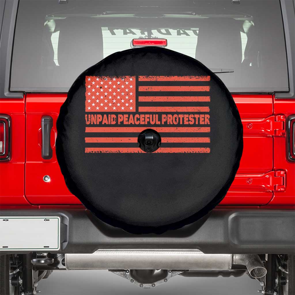 Unpaid Peaceful Protester Orange Distressed American Flag Spare Tire Cover Satirical Political Graphic