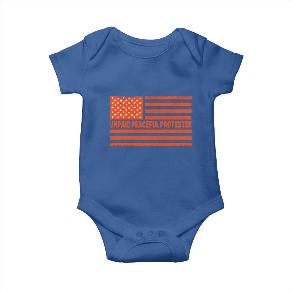 Unpaid Peaceful Protester Orange Distressed American Flag Baby Onesie Satirical Political Graphic