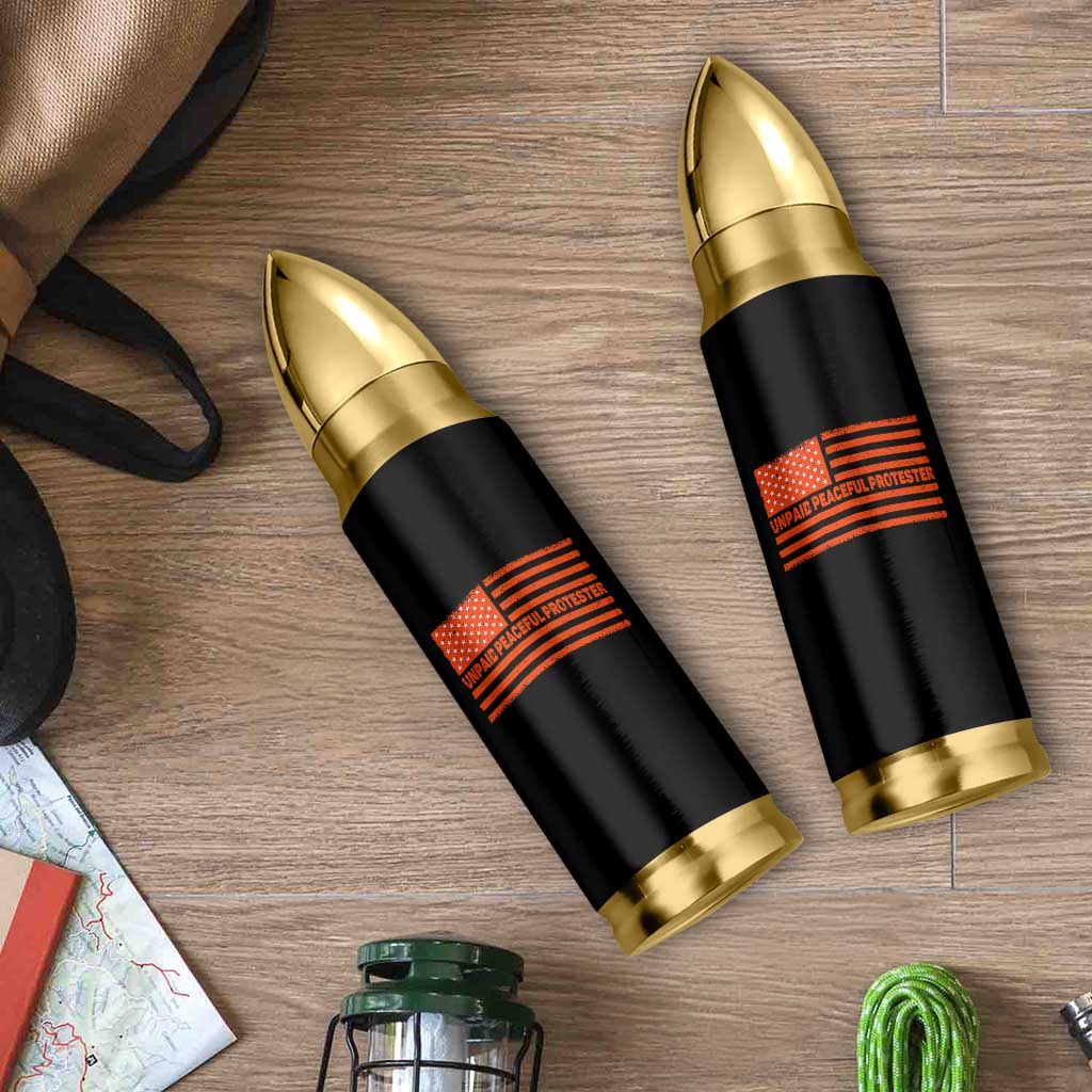 Unpaid Peaceful Protester Orange Distressed American Flag Bullet Tumbler Satirical Political Graphic