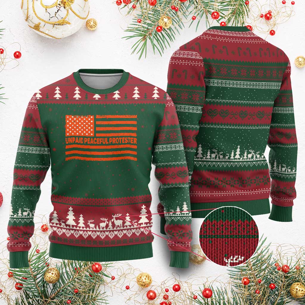 Unpaid Peaceful Protester Orange Distressed American Flag Ugly Christmas Sweater Satirical Political Graphic