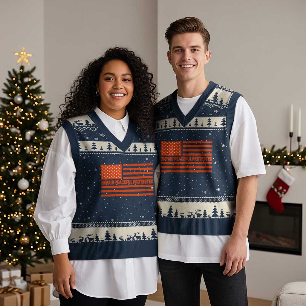 Unpaid Peaceful Protester Orange Distressed American Flag V-Neck Knit Sweater Vest Satirical Political Graphic