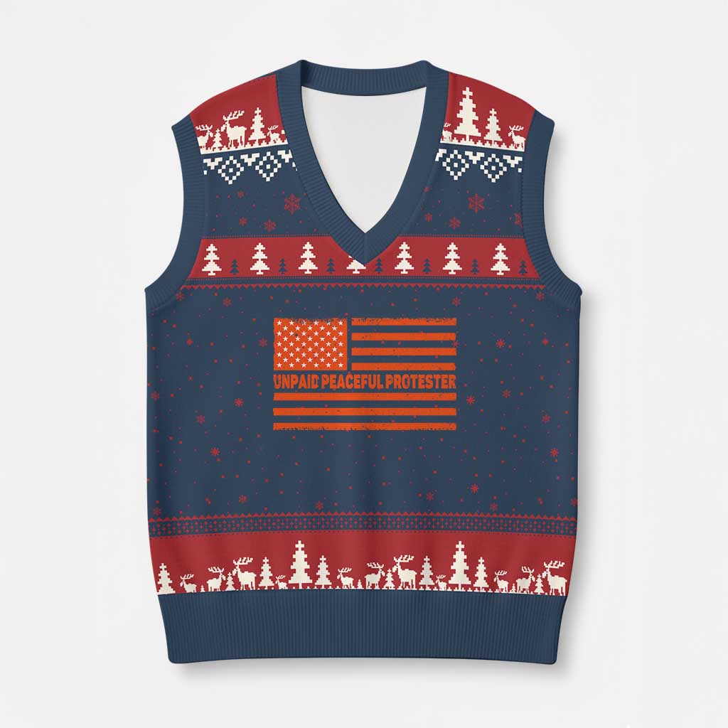 Unpaid Peaceful Protester Orange Distressed American Flag V-Neck Knit Sweater Vest Satirical Political Graphic