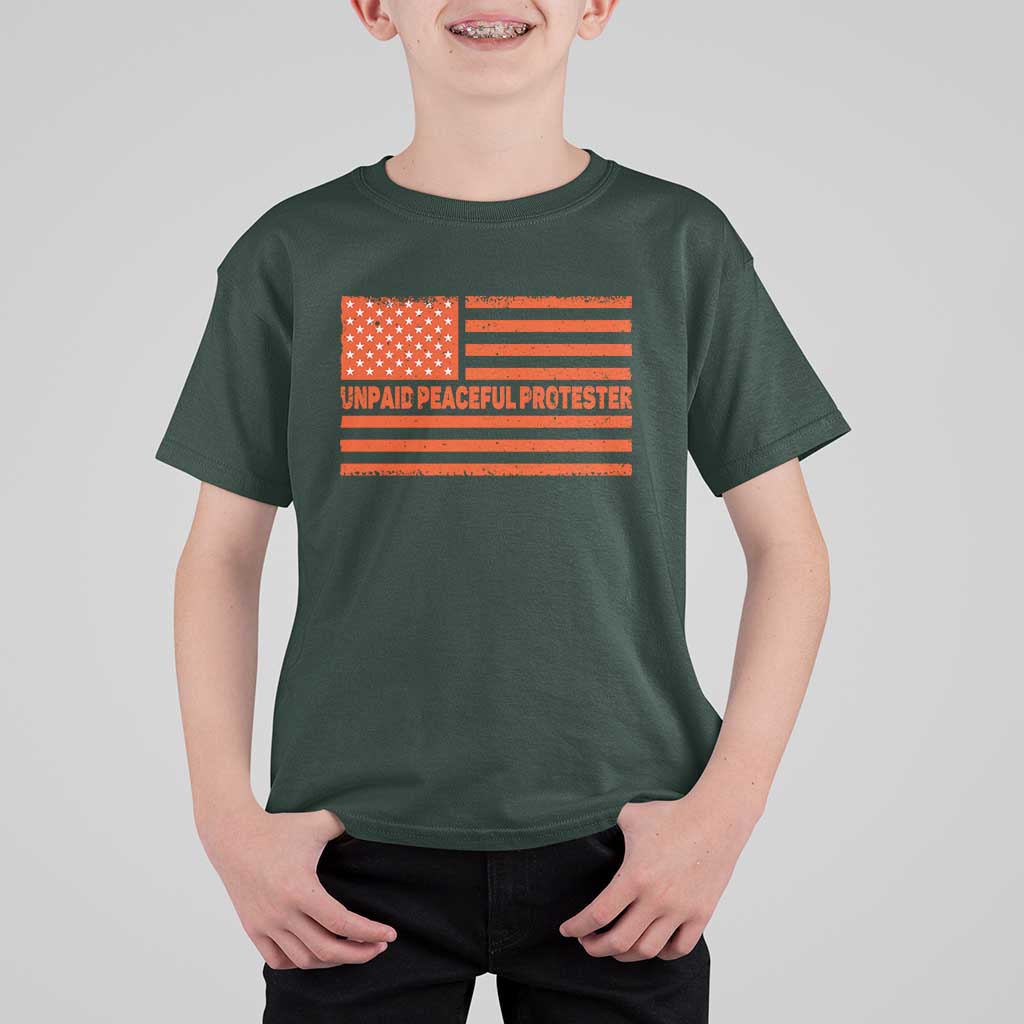 Unpaid Peaceful Protester Orange Distressed American Flag T Shirt For Kid Satirical Political Graphic