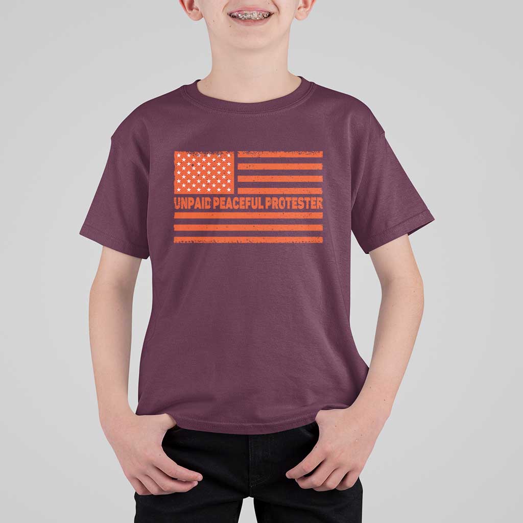 Unpaid Peaceful Protester Orange Distressed American Flag T Shirt For Kid Satirical Political Graphic