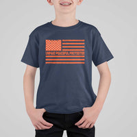 Unpaid Peaceful Protester Orange Distressed American Flag T Shirt For Kid Satirical Political Graphic