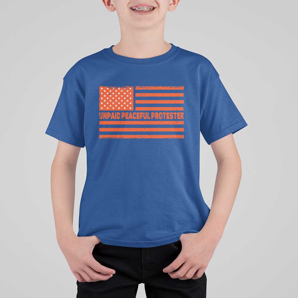 Unpaid Peaceful Protester Orange Distressed American Flag T Shirt For Kid Satirical Political Graphic