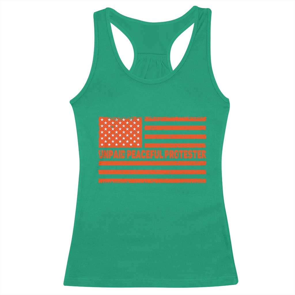Unpaid Peaceful Protester Orange Distressed American Flag Racerback Tank Top Satirical Political Graphic