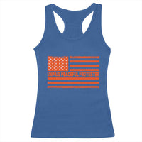 Unpaid Peaceful Protester Orange Distressed American Flag Racerback Tank Top Satirical Political Graphic